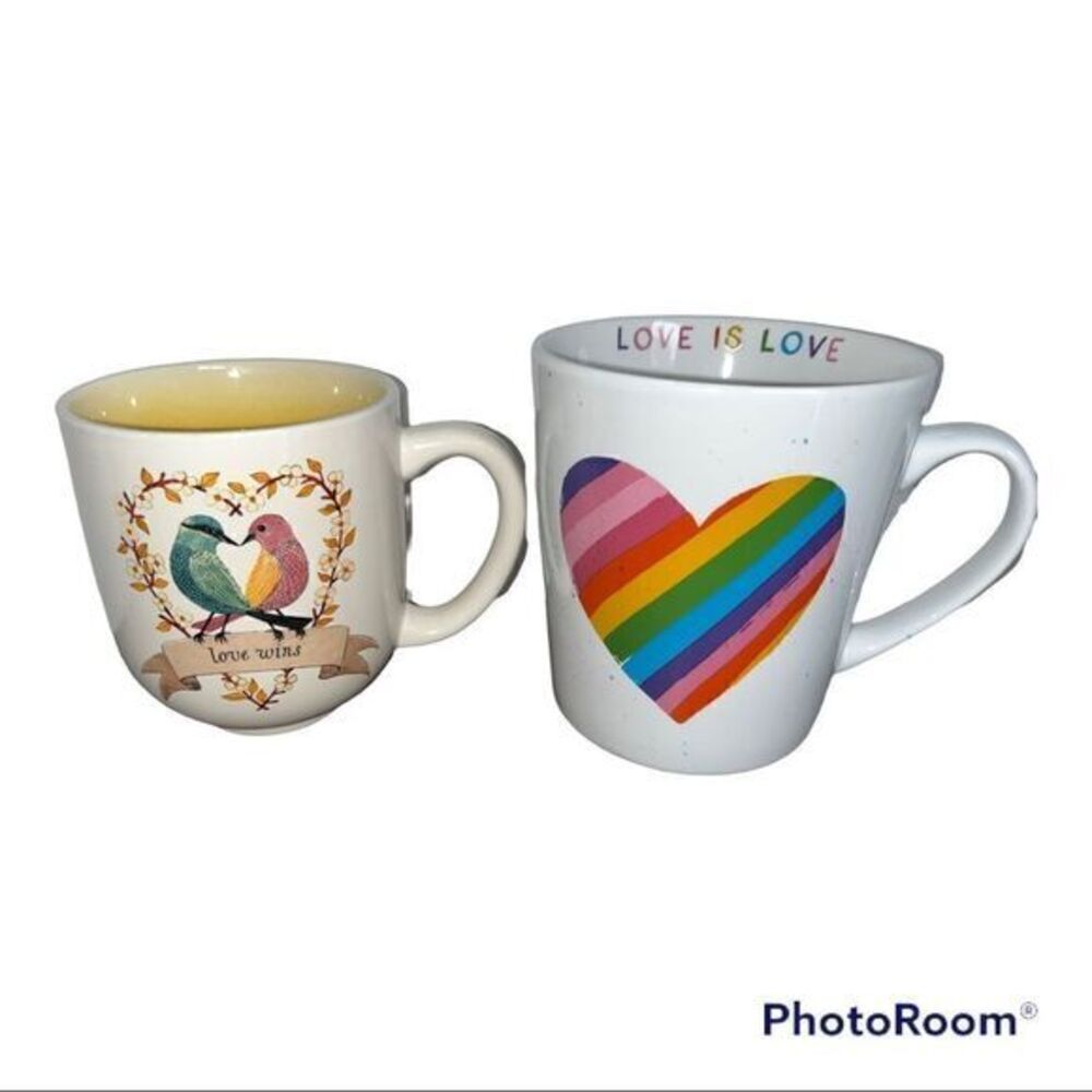 SET OF 2 - Coffee Mugs Cups Pride Rainbow Hearts Love is Love Wins - Hallmark